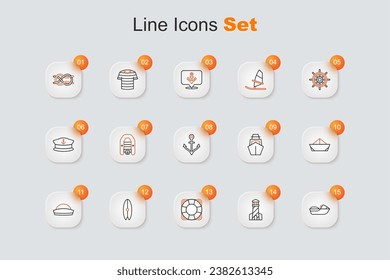 Set line Jet ski, Lighthouse, Lifebuoy, Surfboard, Sailor hat, Folded paper boat, Yacht sailboat and Anchor icon. Vector