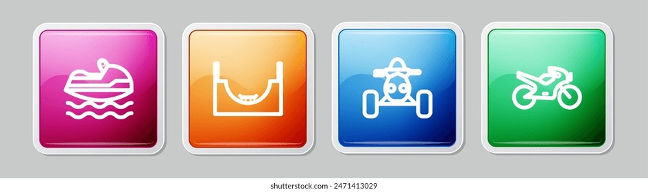 Set line Jet ski, Skate park, ATV motorcycle and Motorcycle. Colorful square button. Vector
