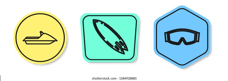 Set line Jet ski, Surfboard and Ski goggles. Colored shapes. Vector
