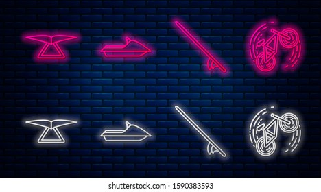 Set line Jet ski, Surfboard, Hang glider and Bicycle trick. Glowing neon icon on brick wall. Vector