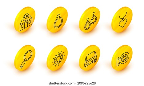 Set line Jewelry store, Electronic jewelry scales, Diamond, Magnifying glass, Necklace with heart shaped pendant, Earrings, engagement and  icon. Vector