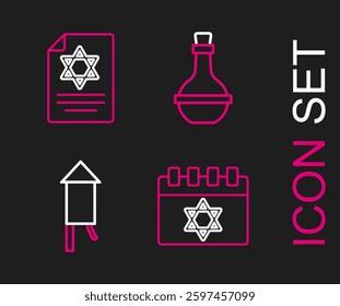 Set line Jewish calendar, Firework rocket, wine bottle and Torah scroll icon. Vector