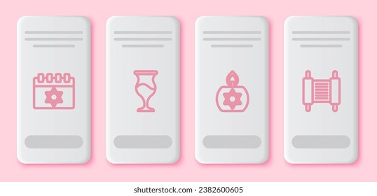 Set line Jewish calendar, goblet, Burning candle and Torah scroll. White rectangle button. Vector