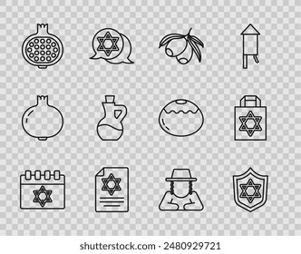 Set line Jewish calendar, Shield with Star of David, Olives branch, Torah scroll, Pomegranate, Bottle olive oil, Orthodox jewish hat and Shopping bag star david icon. Vector