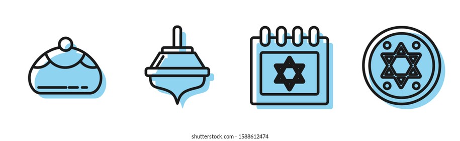 Set line Jewish calendar with star of david, Jewish sweet bakery, Hanukkah dreidel and Jewish coin icon. Vector