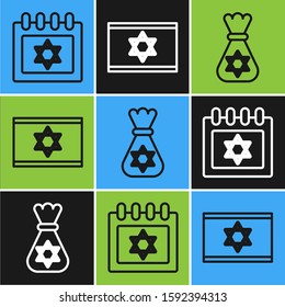 Set line Jewish calendar with star of david, Jewish money bag with star of david and Flag of Israel icon. Vector