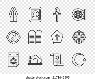 Set line Jewish calendar, Star and crescent, Cross ankh, Hindu spiritual temple, Hands praying position, The commandments, Torah scroll and Dharma wheel icon. Vector