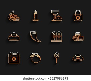 Definir calendário judaico linha com estrela de david, romã, Hanukkah dreidel e moeda, fita Balões, kippah, chifre de carneiro tradicional, shofar, e ícone Tombstone. Vetor