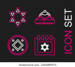 Set line Jewish calendar with star of david, coin, sweet bakery and Star David icon. Vector