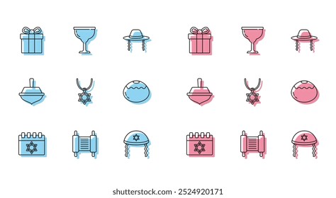 Set line Jewish calendar, Torah scroll, Gift box, kippah, Star of David necklace on chain, sweet bakery, Hanukkah dreidel and goblet icon. Vector