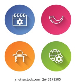 Set line Jewish calendar, Traditional ram horn, shofar, Orthodox jewish hat and World Globe and Israel. Color circle button. Vector