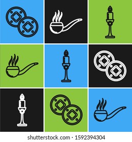Set line Jewish coin, Burning candle in candlestick and Smoking pipe with smoke icon. Vector
