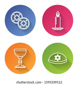 Set line Jewish coin, Burning candle in candlestick, Jewish goblet and Jewish kippah with star of david. Color circle button. Vector
