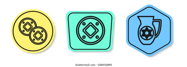 Set line Jewish coin, Jewish coin and Decanter with star of david. Colored shapes. Vector