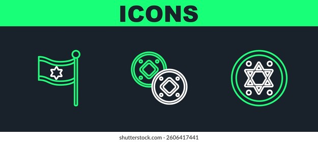 Set line Jewish coin, Flag of Israel and  icon. Vector