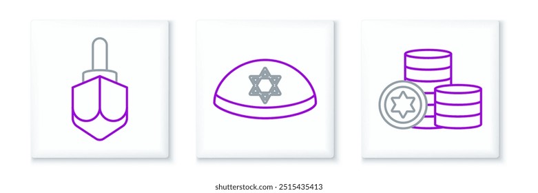 Definir a moeda judaica linha, Hanukkah dreidel e kippah com estrela de ícone david. Vetor