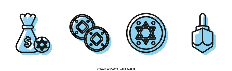 Set line Jewish coin, Jewish money bag with star of david and coin, Jewish coin and Hanukkah dreidel icon. Vector
