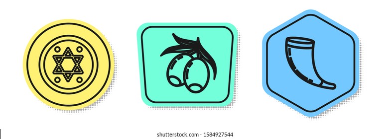 Set line Jewish coin, Olives branch and Traditional ram horn, shofar. Colored shapes. Vector