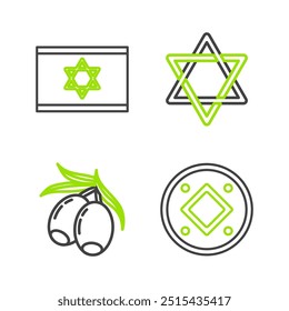 Set line Jewish coin, Olives branch, Star of David and Flag Israel icon. Vector