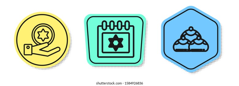 Set line Jewish coin on hand, Jewish calendar with star of david and Jewish sweet bakery. Colored shapes. Vector