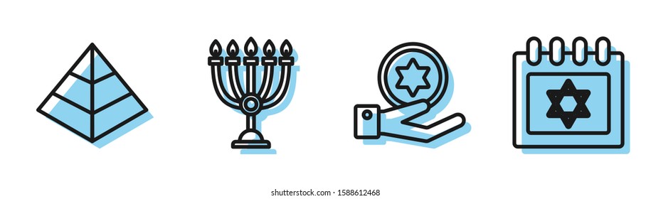 Set line Jewish coin on hand, Egypt pyramids, Hanukkah menorah and Jewish calendar with star of david icon. Vector