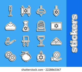 Set line Jewish coin on hand, sweet bakery, Flag of Israel, Hanukkah dreidel, money bag with star david, goblet and Tombstone icon. Vector
