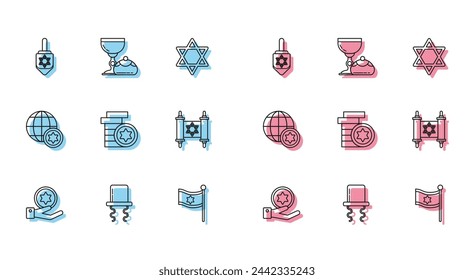 Set line Jewish coin on hand, Orthodox jewish hat with sidelocks, Hanukkah dreidel, Flag of Israel, Torah scroll, World Globe and goblet hanukkah sufganiyot icon. Vector