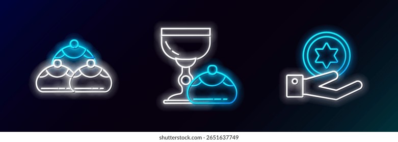 Coloque a moeda judaica linha na mão, padaria doce e chupeta hanukkah sufganiyot ícone. Néon brilhante. Vetor
