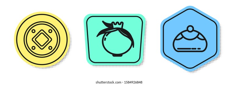 Set line Jewish coin, Pomegranate and Jewish sweet bakery. Colored shapes. Vector