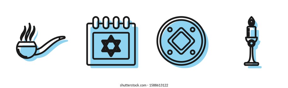 Set line Jewish coin, Smoking pipe with smoke, Jewish calendar with star of david and Burning candle in candlestick icon. Vector