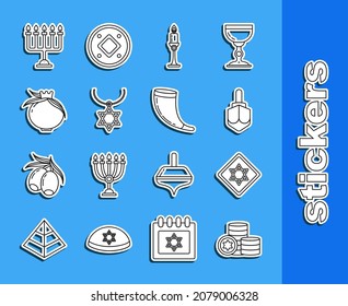 Set line Jewish coin, Star of David, Hanukkah dreidel, Burning candle candlestick, necklace on chain, Pomegranate, menorah and Traditional ram horn, shofar icon. Vector