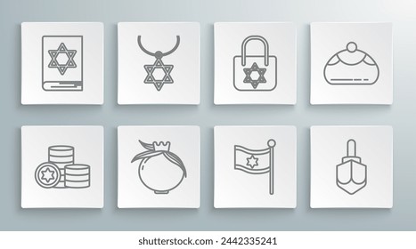 Set line Jewish coin, Star of David necklace on chain, Pomegranate, Flag Israel, Hanukkah dreidel, Shopping bag with star david, sweet bakery and torah book icon. Vector