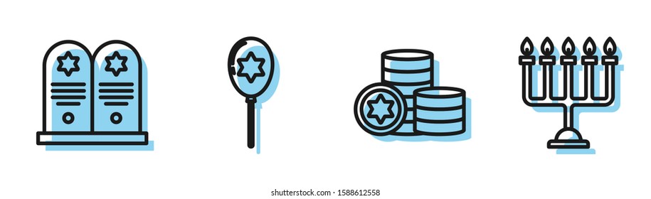 Set line Jewish coin, Tombstone with star of david, Balloons with ribbon with star of david and Hanukkah menorah icon. Vector