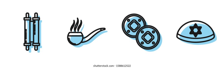 Set line Jewish coin, Torah scroll, Smoking pipe with smoke and Jewish kippah with star of david icon. Vector