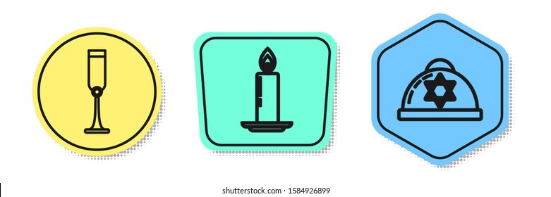 Set line Jewish goblet, Burning candle in candlestick and Jewish kippah with star of david. Colored shapes. Vector
