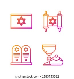 Set line Jewish goblet and hanukkah sufganiyot, Tombstone with star of david, Flag of Israel and Torah scroll. Gradient color icons. Vector
