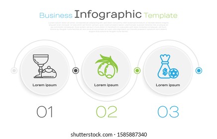 Set line Jewish goblet and hanukkah sufganiyot, Olives branch and Jewish money bag with star of david and coin. Business infographic template. Vector