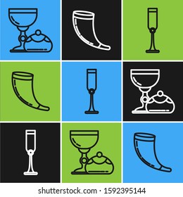 Set line Jewish goblet and hanukkah sufganiyot, Jewish goblet and Traditional ram horn, shofar icon. Vector