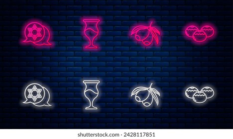 Set line Jewish goblet, Olives branch, Star of David and sweet bakery. Glowing neon icon on brick wall. Vector