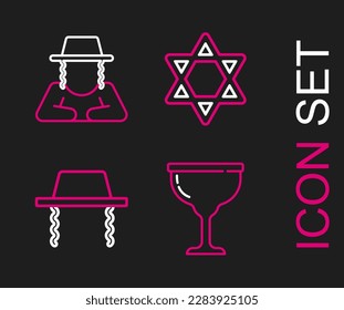 Set line Jewish goblet, Orthodox jewish hat, Star of David and  icon. Vector