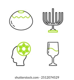 Set line Jewish goblet, Orthodox jewish hat, Hanukkah menorah and sweet bakery icon. Vector