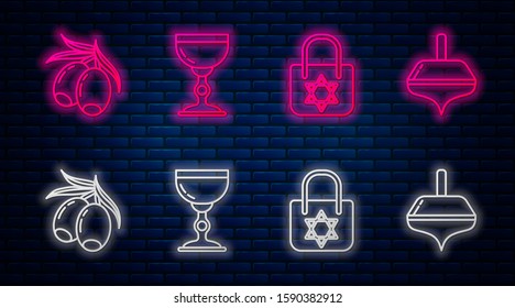 Set line Jewish goblet, Shopping bag with star of david, Olives branch and Hanukkah dreidel. Glowing neon icon on brick wall. Vector