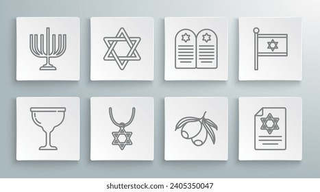 Set line Jewish goblet, Star of David, necklace on chain, Olives branch, Torah scroll, Tombstone with star david, Flag Israel and Hanukkah menorah icon. Vector