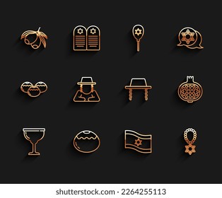 Set line Jewish goblet, sweet bakery, Olives branch, Flag of Israel, Star David necklace on chain, Orthodox jewish hat, Pomegranate and  icon. Vector