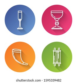 Set line Jewish goblet, Jewish goblet, Traditional ram horn, shofar and Torah scroll. Color circle button. Vector