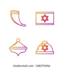 Set line Jewish kippah with star of david, Hanukkah dreidel, Traditional ram horn, shofar and Flag of Israel. Gradient color icons. Vector