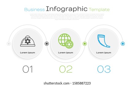 Set line Jewish kippah with star of david, World Globe and Israel and Traditional ram horn, shofar. Business infographic template. Vector