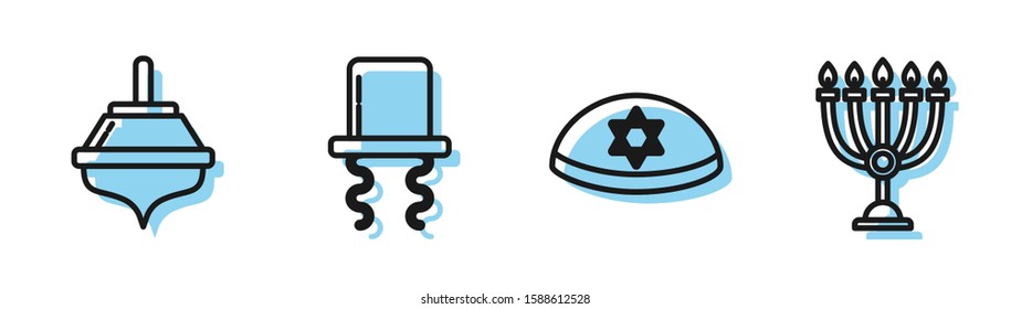 Set line Jewish kippah with star of david, Hanukkah dreidel, Orthodox jewish hat with sidelocks and Hanukkah menorah icon. Vector