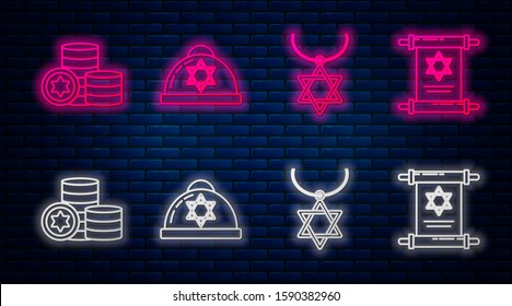 Set line Jewish kippah with star of david, Star of David necklace on chain, Jewish coin and Torah scroll. Glowing neon icon on brick wall. Vector