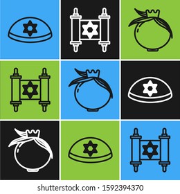 Set line Jewish kippah with star of david, Pomegranate and Torah scroll icon. Vector